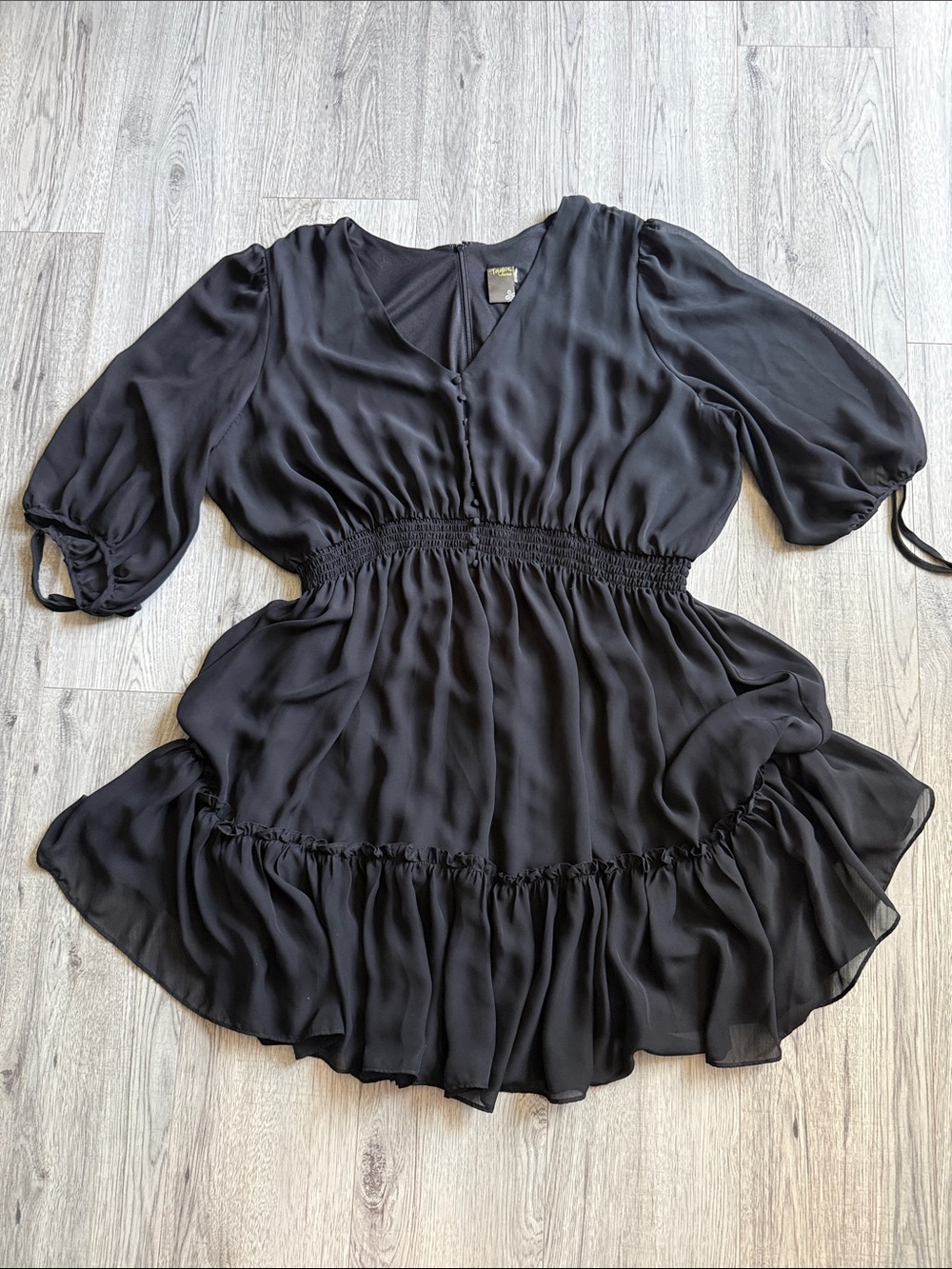 Taylor Black Mini Dress with Ruffle Hem and Sheer Overlay